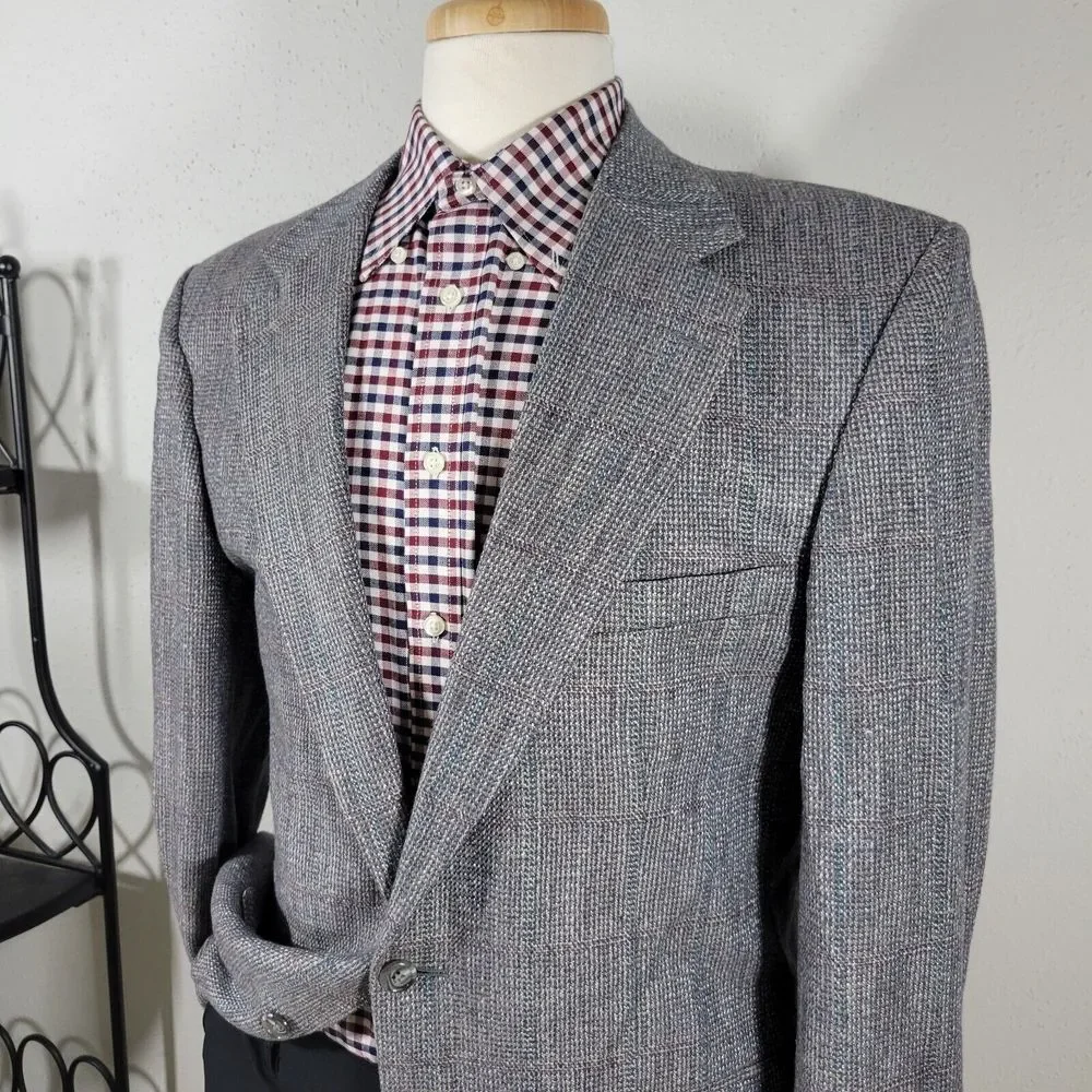 VTG Stafford Men's Tweed Sport Coat Blazer Two Button Gray Wool Plaid‎ 42R Slim